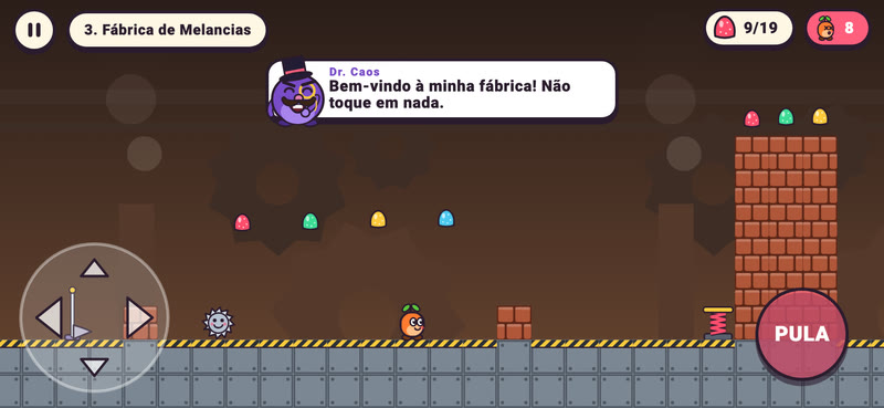 Fase Fábrica de Melancias: chão de metal, uma Serra Serelepe sorridente, uma mola e uma parede de tijolos.