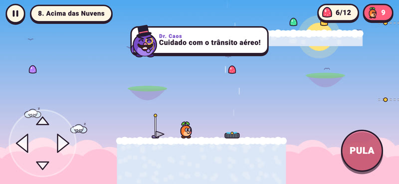 Fase Acima das Nuvens: o Tico numa nuvem fofa ao lado de uma bandeirinha, com nuvens preguiçosas e ilhas flutuantes.