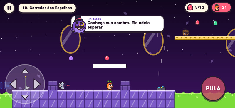 Fase Corredor dos Espelhos: chão de cristal roxo, espelhos dourados e a Sombra Copiona logo atrás do Tico.