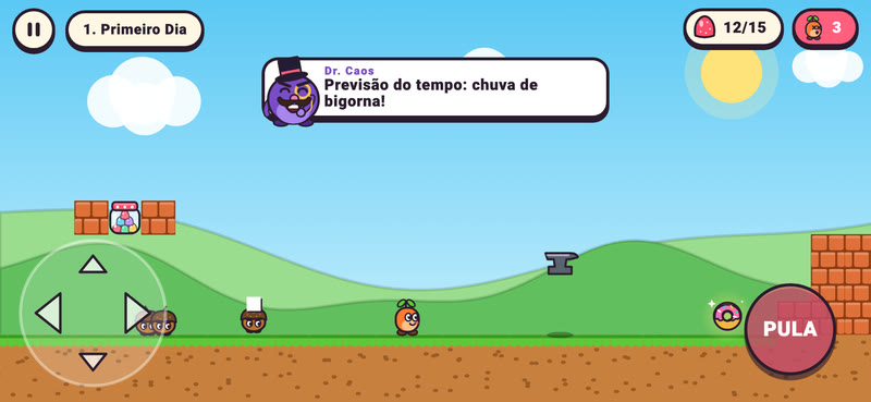 Fase 1: uma bigorna despenca do céu perto do Tico e o Dr. Caos diz: Previsão do tempo: chuva de bigorna!