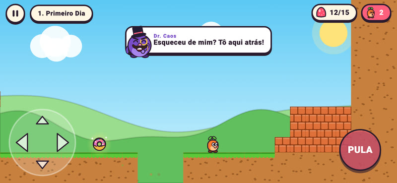 Fase 1: a rosquinha pula para trás do Tico e o chão cai entre os dois. O Dr. Caos diz: Esqueceu de mim? Tô aqui atrás!